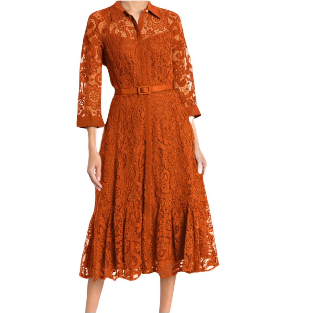 Nanette Lepore Burnt Orange Lace 3/4 Sleeve Button front Dress